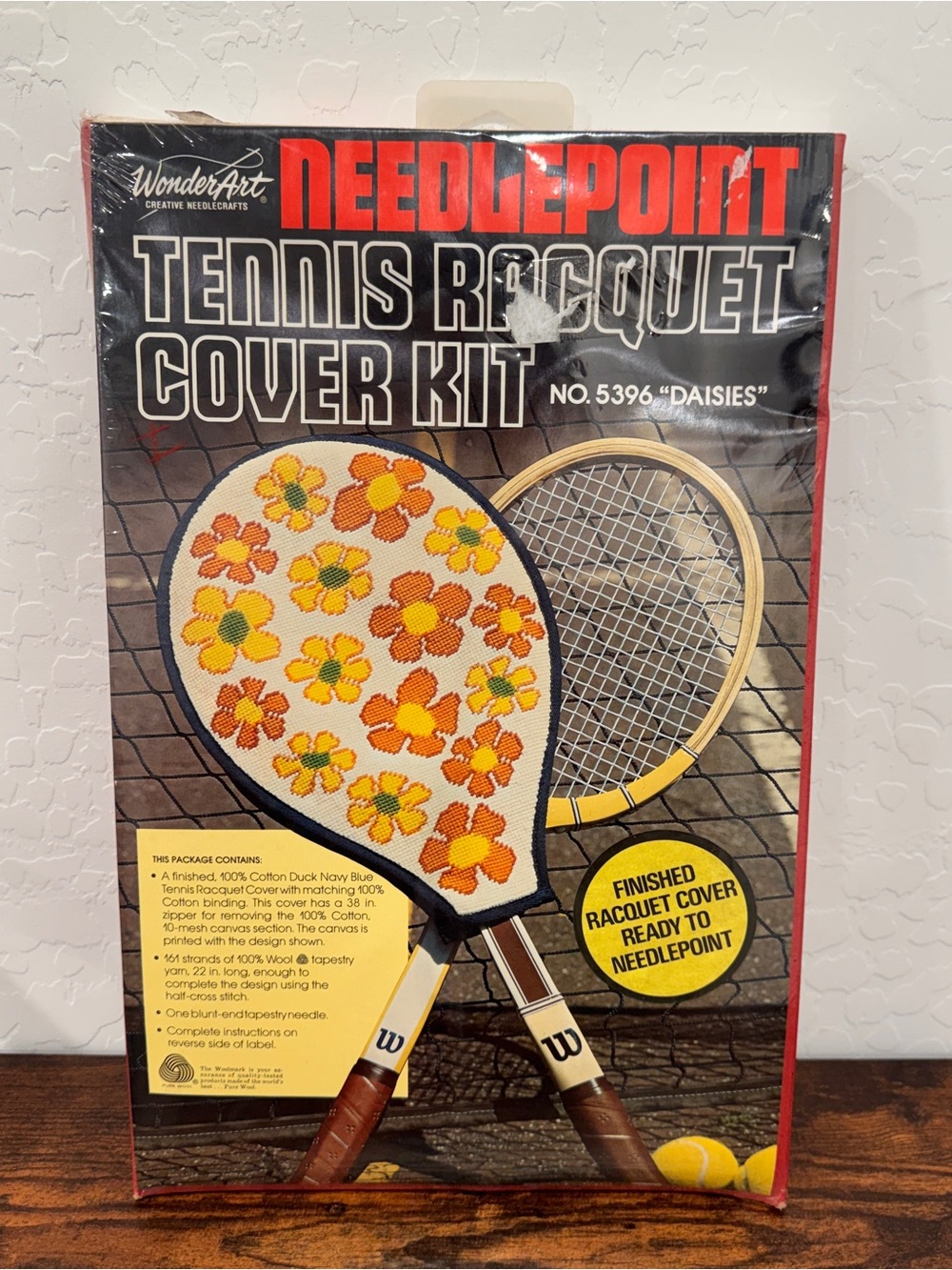 New Vintage Needlepoint Tennis Racquet Cover Kit Wonderart White Orange Daisies